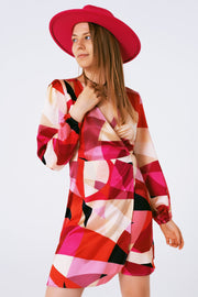 Wrap Short Abstract Print Dress in Fuxia