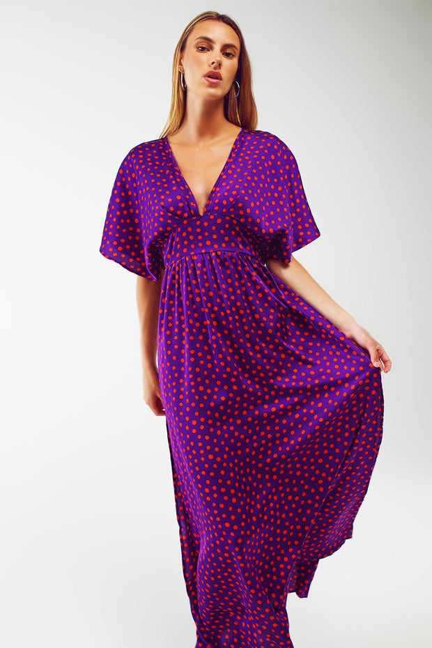 Maxi Cinched at the Waist Dress With Angel Sleeves in Purple Polka Dot