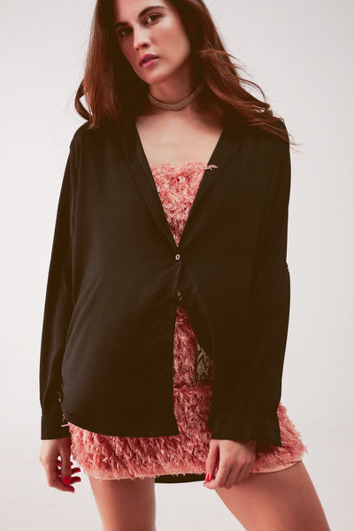 Relaxed Satin Long Sleeve Shirt in Black