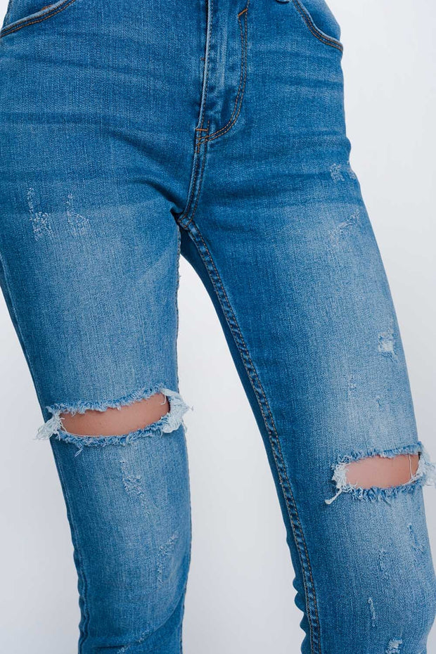 Mid Denim Super Skinny Jeans With Holes in the Knees