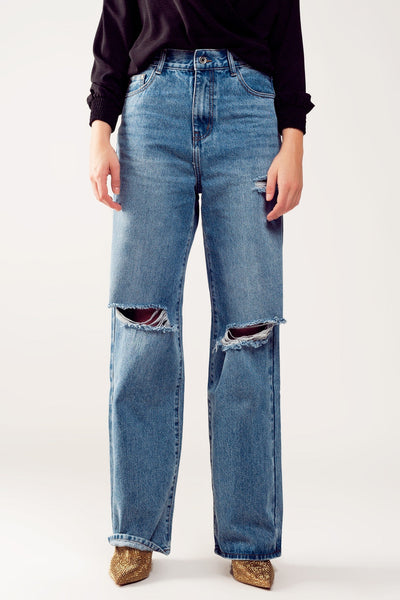 Distressed Straight Leg Jean in Medium Denim