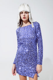 Embellished Sequin Mini Dress in Purple