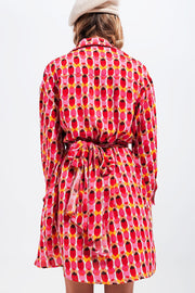 Button Front Tie Waist Printed Dress in Red