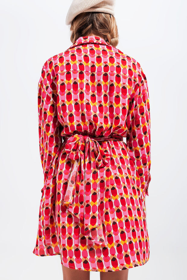 Button Front Tie Waist Printed Dress in Red