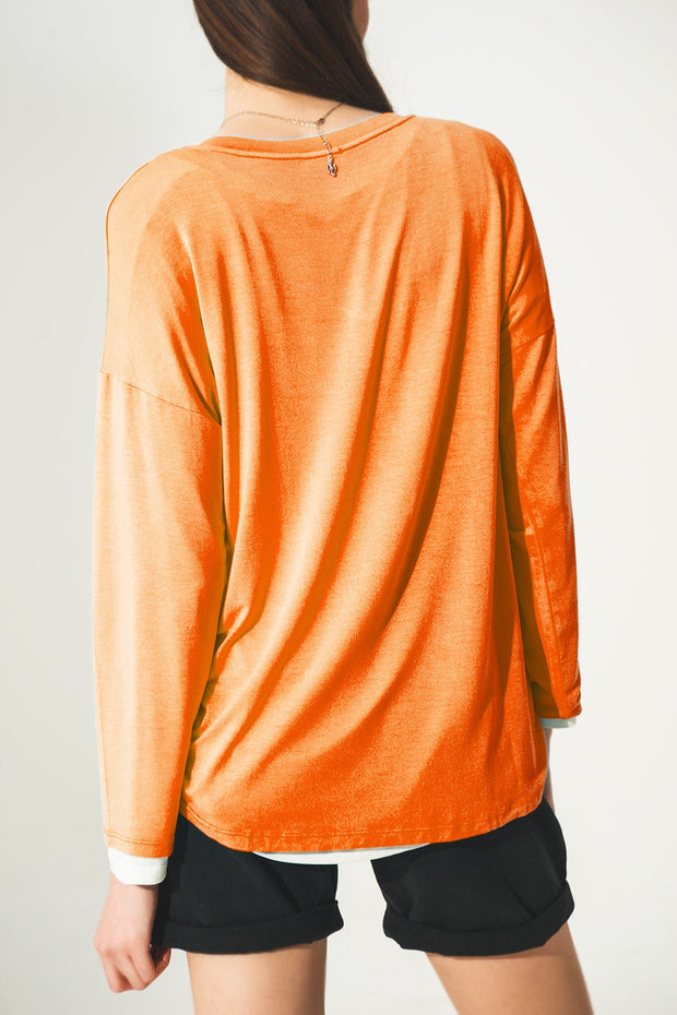 Long Sleeve v Neck Top in Modal in Orange