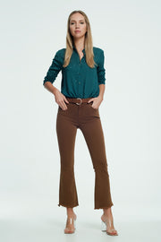 High Rise Raw Hem Flared Jeans in Brown