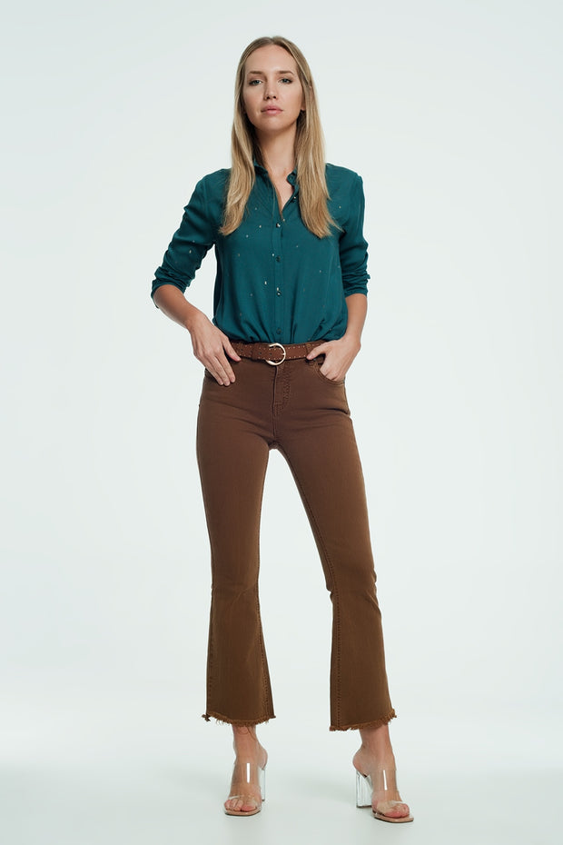 High Rise Raw Hem Flared Jeans in Brown