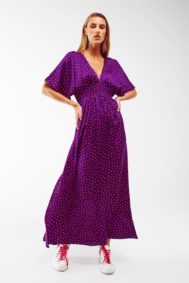 Maxi Cinched at the Waist Dress With Angel Sleeves in Purple Polka Dot