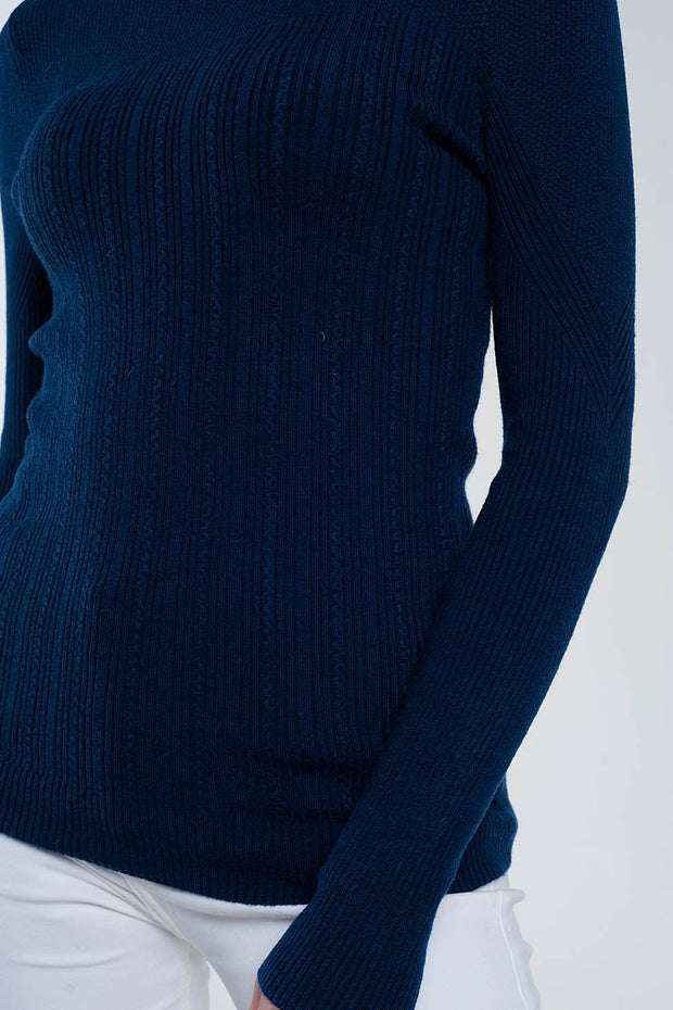 Crew Neck Ribbed Sweater in Navy