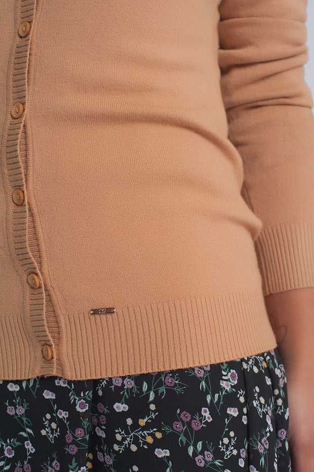 Button Front Cropped Knit Cardigan in Camel