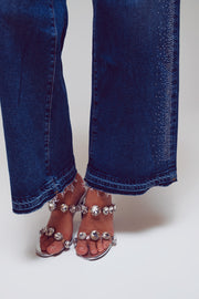 Wide Leg Jeans With Diamante Details on the Side in Mid Wash