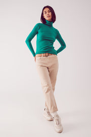 Fine Knit High Neck Jumper in Green