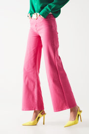 Cotton Blend Wide Leg Jeans in Pink