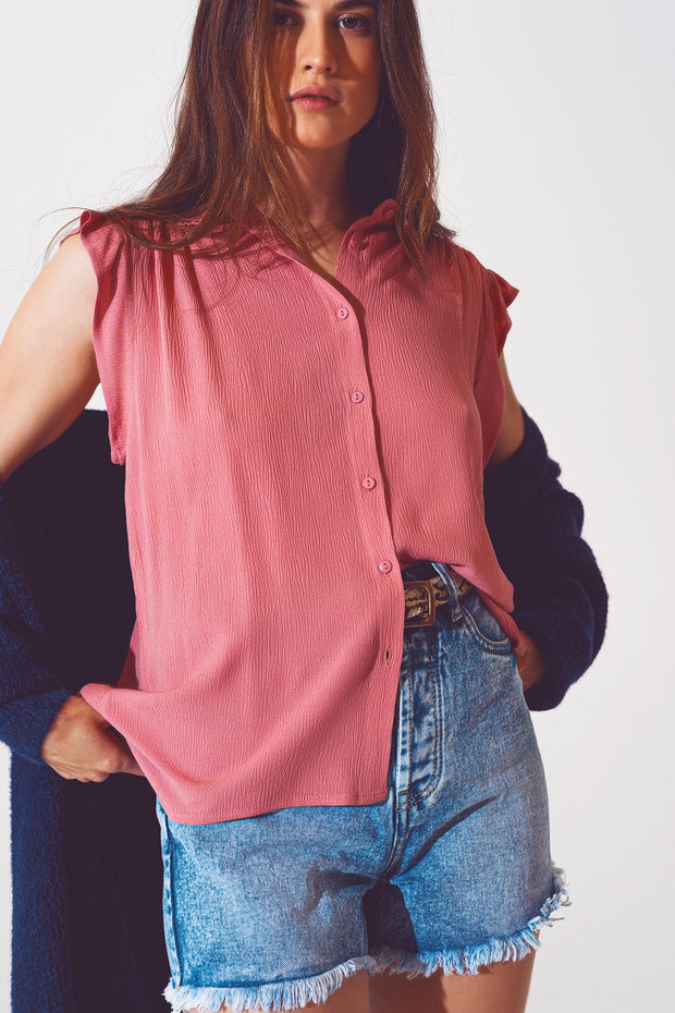 Blouse With Frill Short Sleeve in Pink