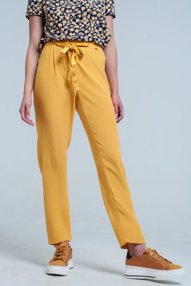 Mustard Slim Fit Pants With Satin Belt