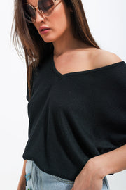 Short Sleeve Jumper in v Neck in Black