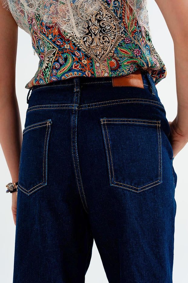 Relaxed Fit Pleat Front Jeans in Dark Blue