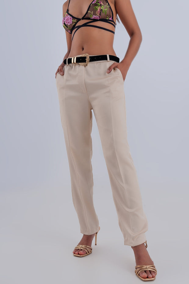 Wide Leg Satin Pants in Beige