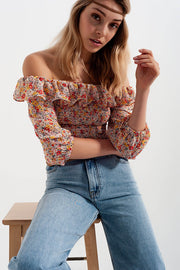 Shirred Off the Shoulder Top With Ruffle in Coral Floral Print