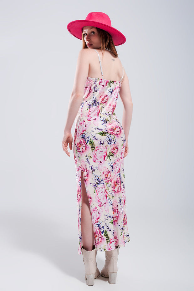 V Back Satin Midi Dress in Pink Rose Print