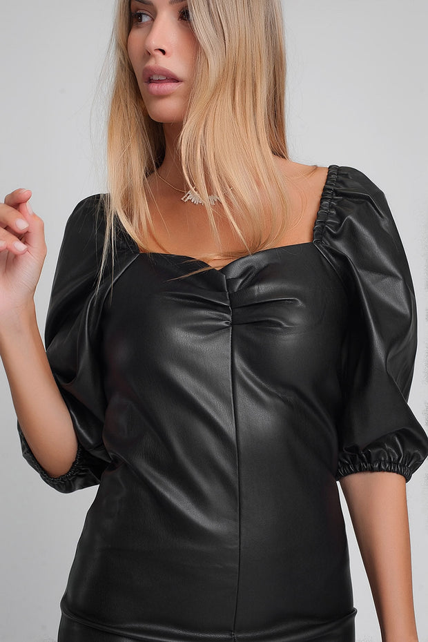 Faux Leather Mini Dress With Puff Sleeves in Black