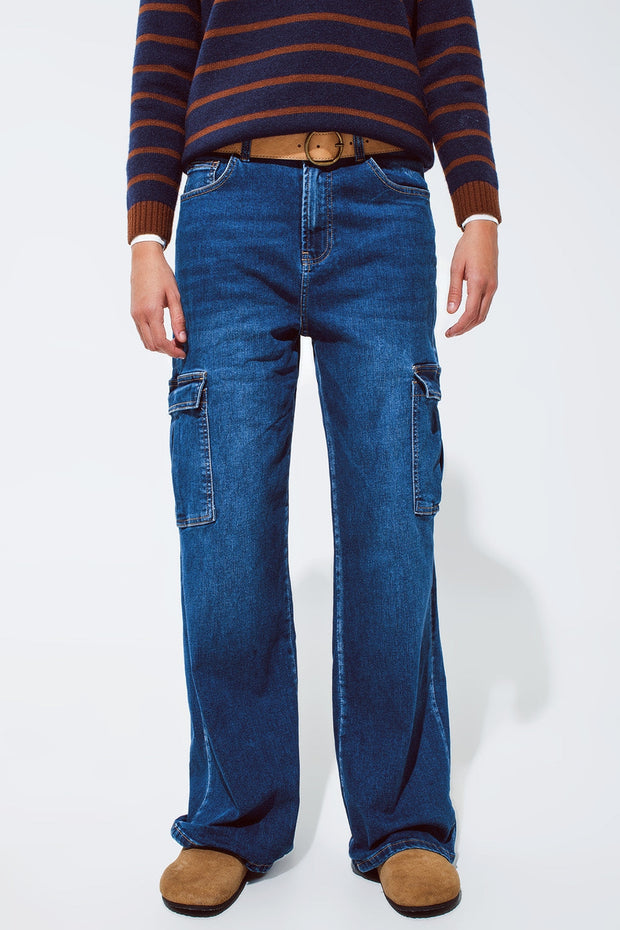 Straight Leg Cargo Style Jeans in Medium Wash