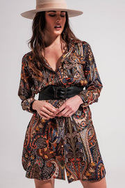 Long Sleeve Paisley Mini Dress in Black