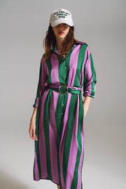 Midi Belted Shirt Dress in Lilac and Green Stripe