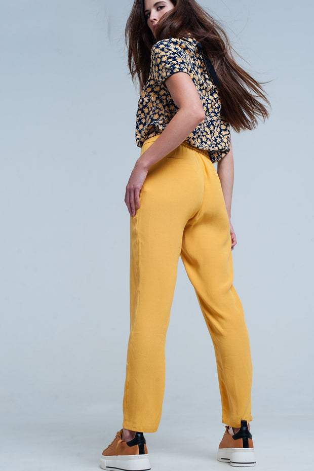 Mustard Slim Fit Pants With Satin Belt