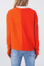 V Neck Colorblock Sweater in Red and Orange