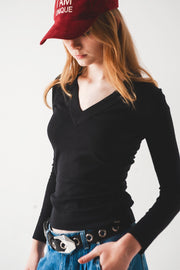 V Neck Fine Knit Jumper in Black