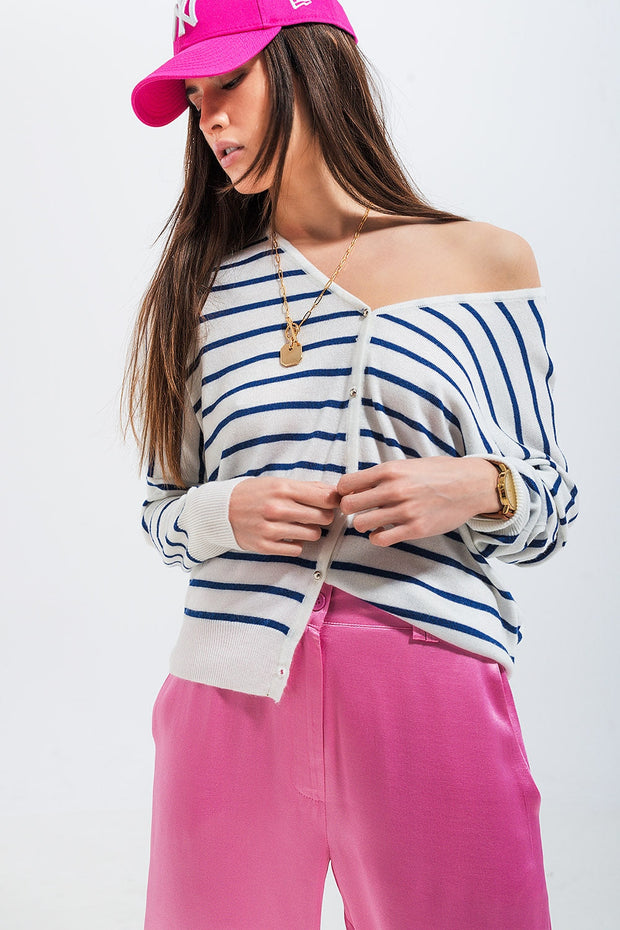 Button Down Cream Cardigan Top in Stripe