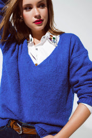 Soft Blue Jumper With Wide V-Neck