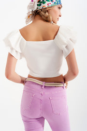 Ruched Crop Top With Volume Sleeve in White