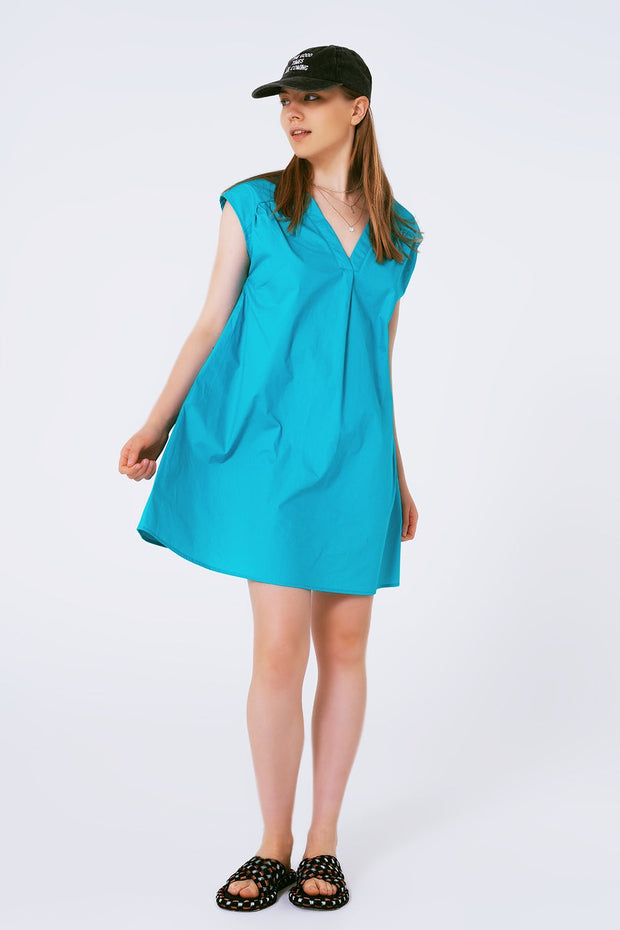 Mini Poplin Sleevless Dress in Turquoise