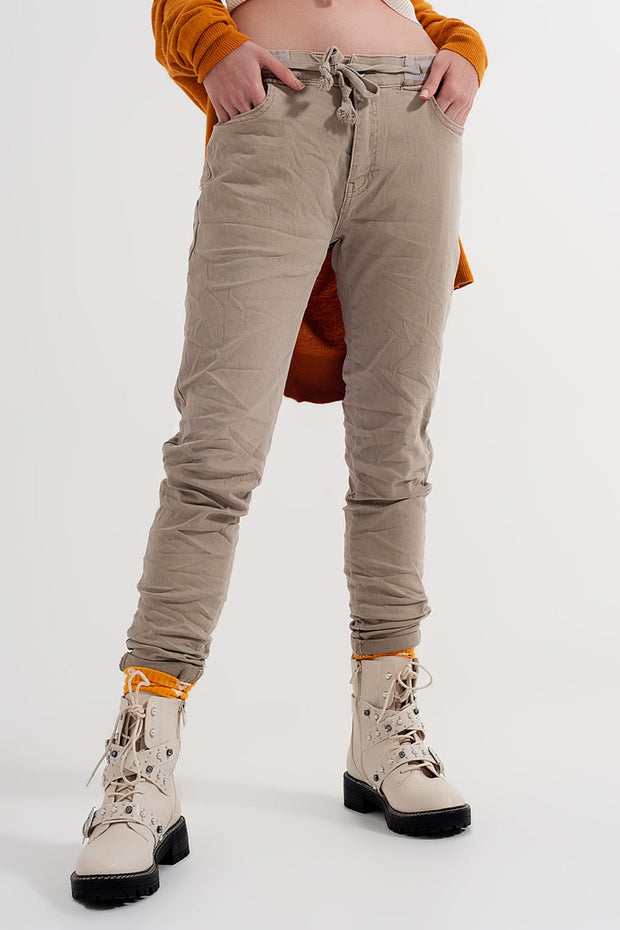 Skinny Chinos With Elastic Waist Beige