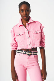 Cropped Denim Trucker Jacket in Pink