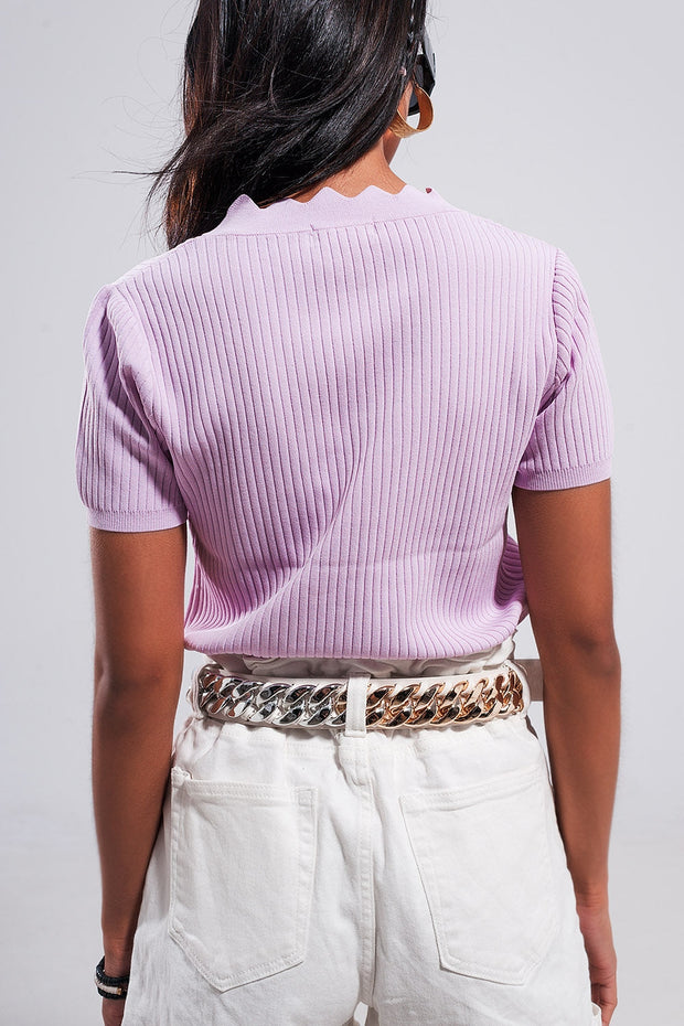 Ribbed v Neck Jumper in Lilac