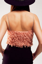 Faux Feather Crop Cami in Pink