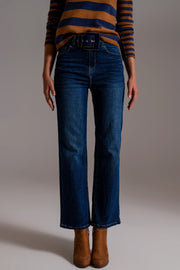 Wide Leg Jeans With Hem Detail in Dark Wash