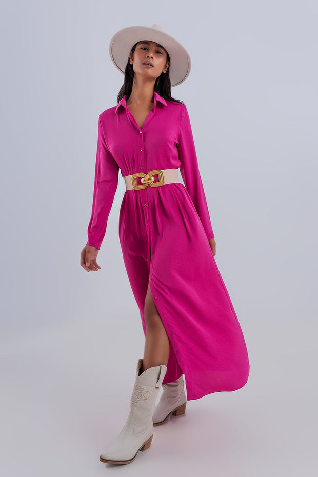 Slouchy Plunge Shirt Maxi Dress in Hot Fuchsia