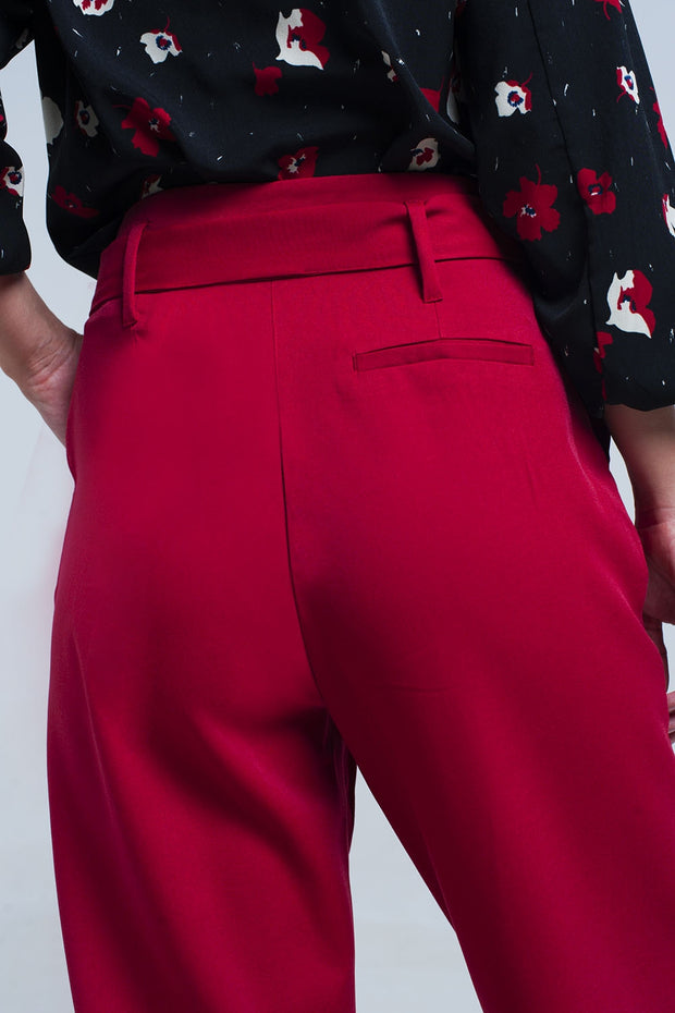 High Waist Red Pants With Belt