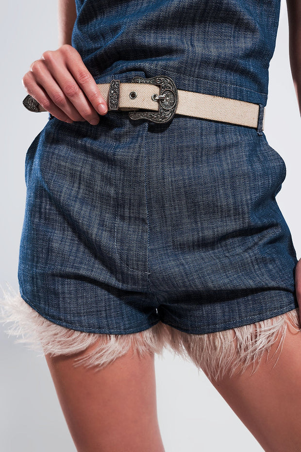 Suit Shorts With Faux Feather Hem in Blue