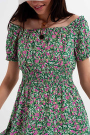 Mini Dress With Shirred Detail in Green Ditsy Floral Print