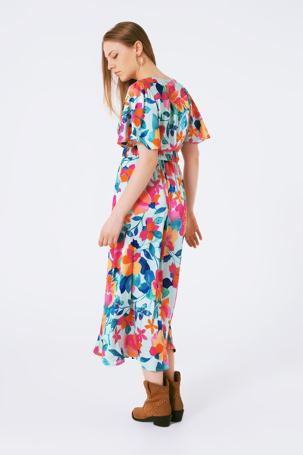 Belted Soft Satin Maxi Dress With Flower Print