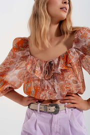 Long Sleeve Sheer Top With Shirred Waist and Tie Detail in Orange