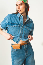 Denim Cropped Shacket in Authentic Blue