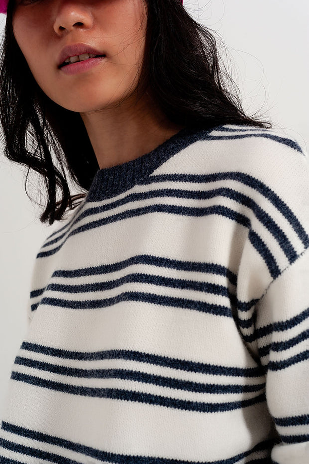 Striped Long Sleeved Sweater in White