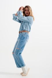 Wide Leg Jean With Knee Rips Washed Blue