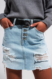 Denim Button Through Mini Skirt in Light Blue